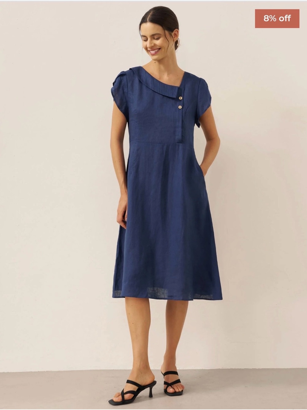 Lintico Fiona navy blue 100% linen crescent collar flutter sleeve midi dress M